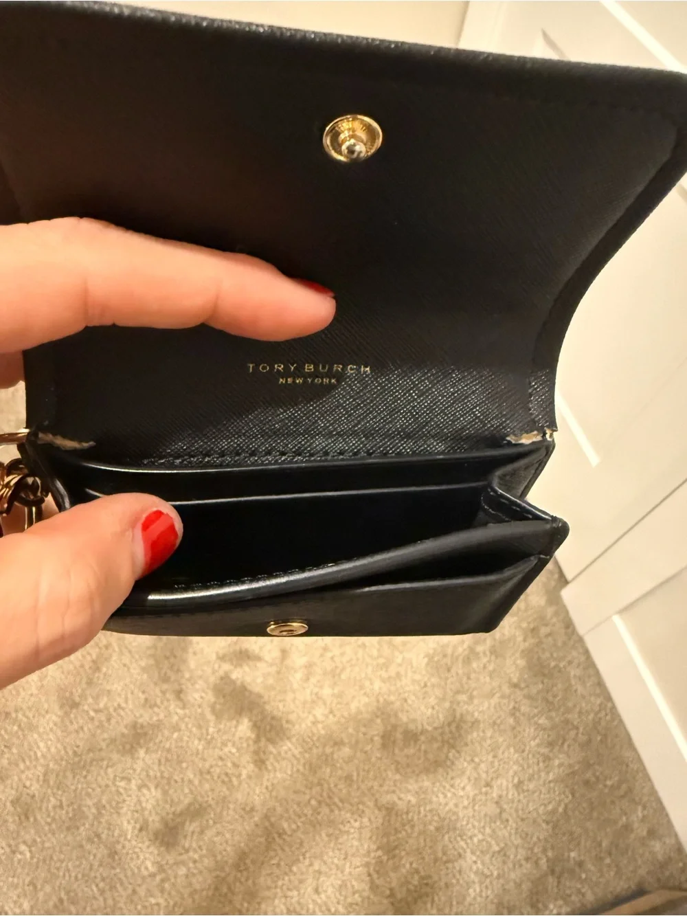 Tory Burch Black Saffiano Leather Key Wallet with Gold Hardware